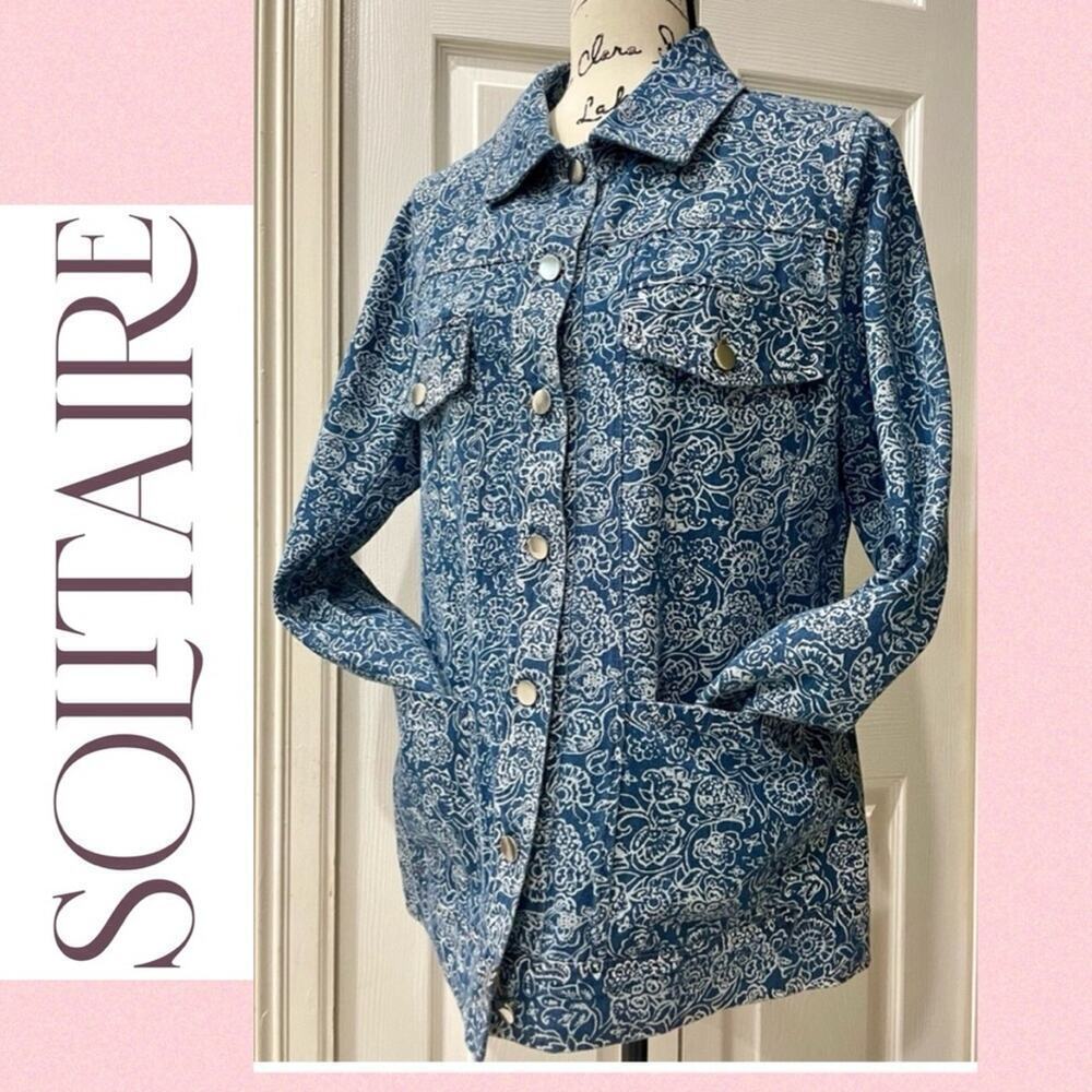 SOLITAIRE DENIM JACKET CRAFTED FLORAL PRINT 4 POCKETS SZ M VERSATILE‎ AESTHETIC